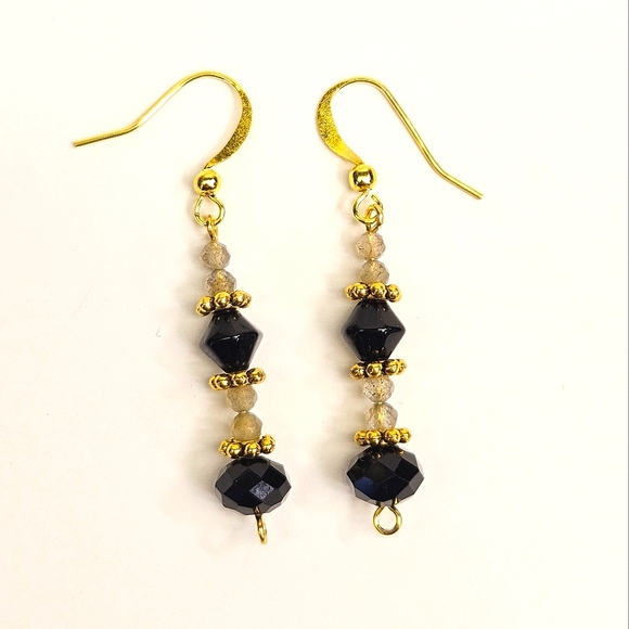 Hand Crafted Jewelry - Handmade Labradorite and Black Faceted Glass Beaded Earrings